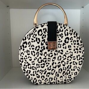 Leopard Print Round Handbag with Gold Accents